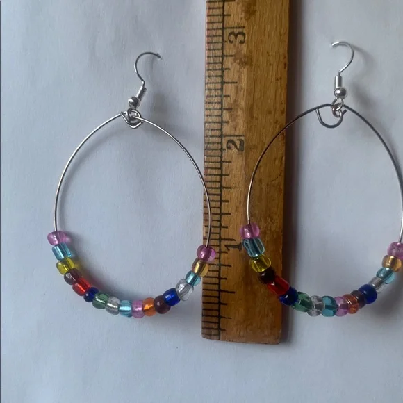 Multicolor Rainbow Color Glass Bead Hoop Earrings  Handmade by Paula - Picture 4 of 4